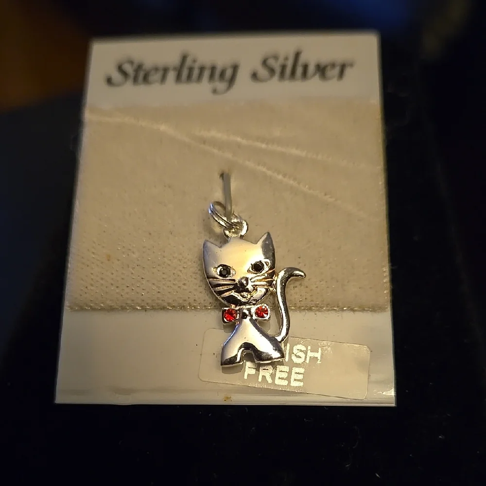 Vintage Sterling Silver Cat Pendant/Charm with Red Accents 3/4